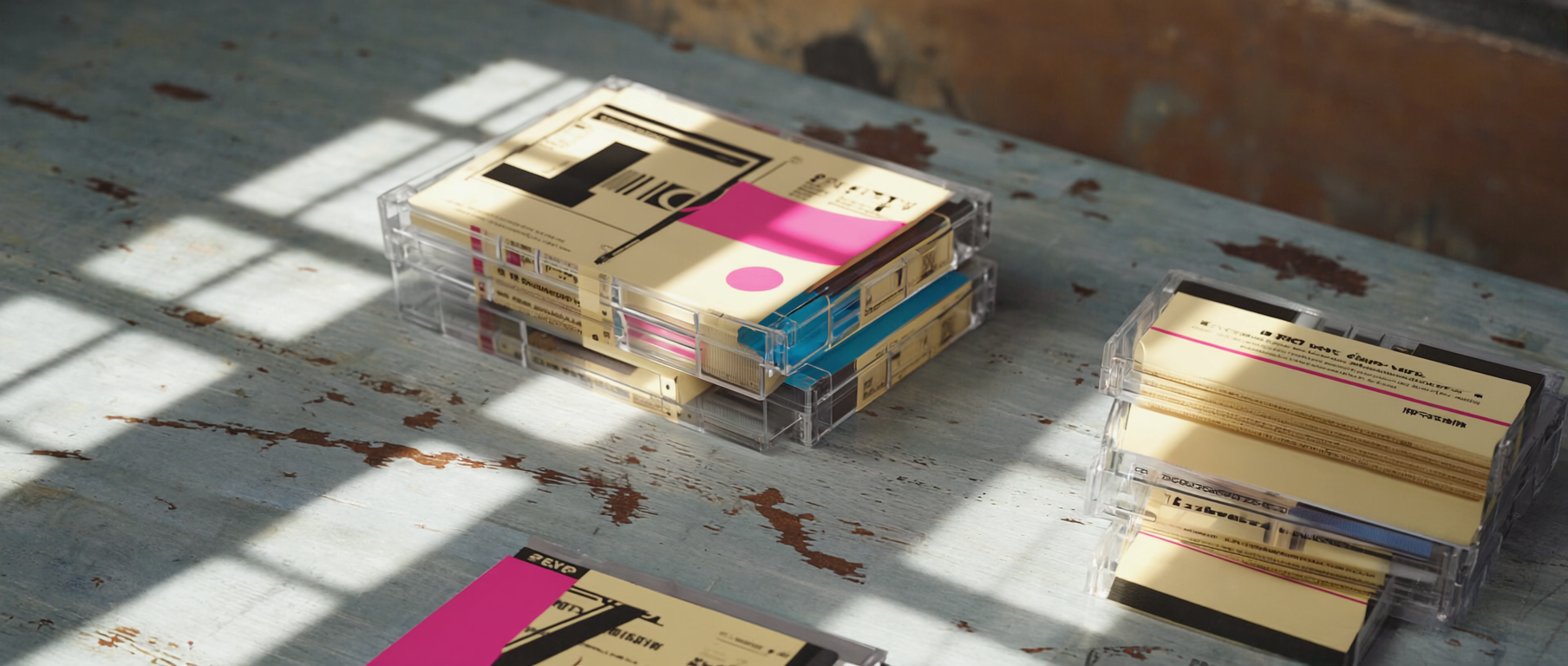 Stapel von DIY-Kassetten mit Risograph-bedruckten J-Cards